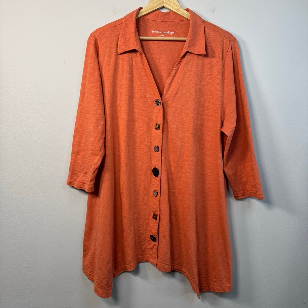 Soft Surroundings Tunic Large Orange Mixed Button Danielle Shark Bite Hem